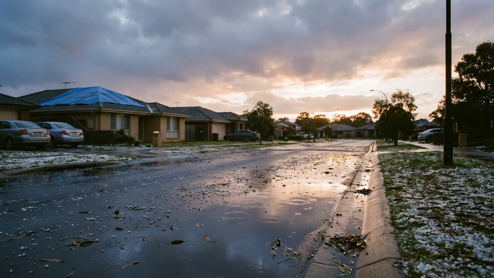 An Australian suburban street after a hailstorm, wet road reflecting a clearing sky, hail in the gutter and a blue tarpaulin on one roof